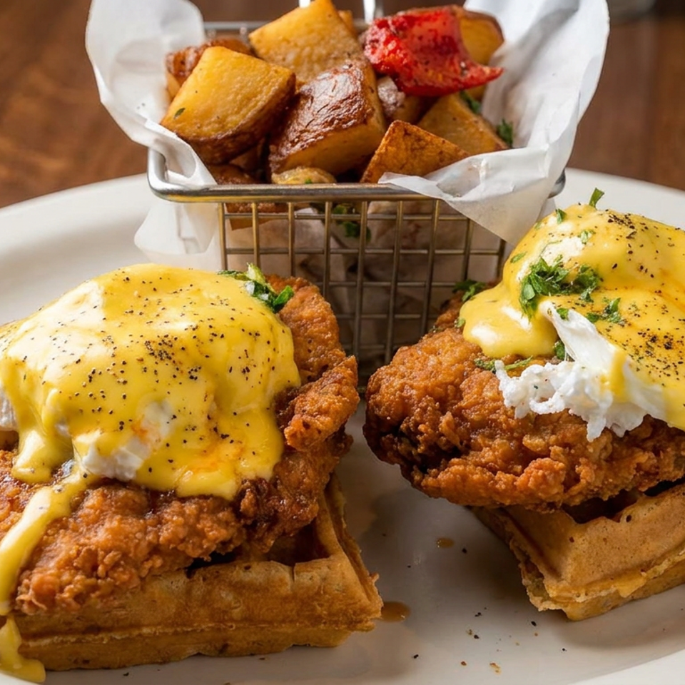 Two fried chicken and waffle stacks topped with poached eggs and hollandaise, served with roasted potatoes on a white plate.