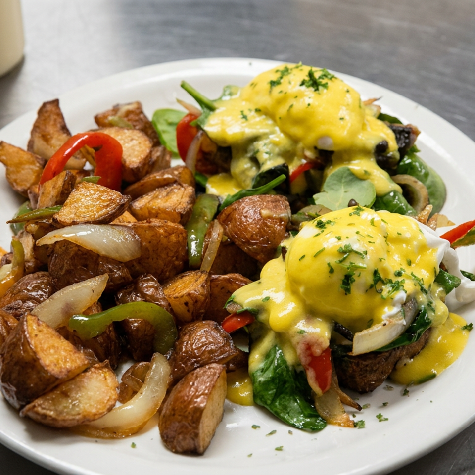 Two eggs Benedict with hollandaise sauce, sautéed vegetables, and roasted breakfast potatoes on a white plate.