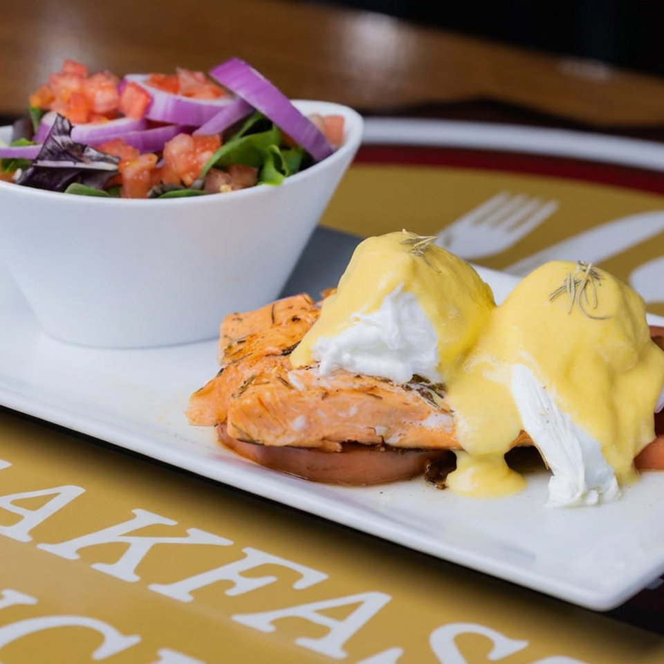 Poached eggs with hollandaise, grilled salmon and tomatoes served alongside a fresh salad on a white plate.