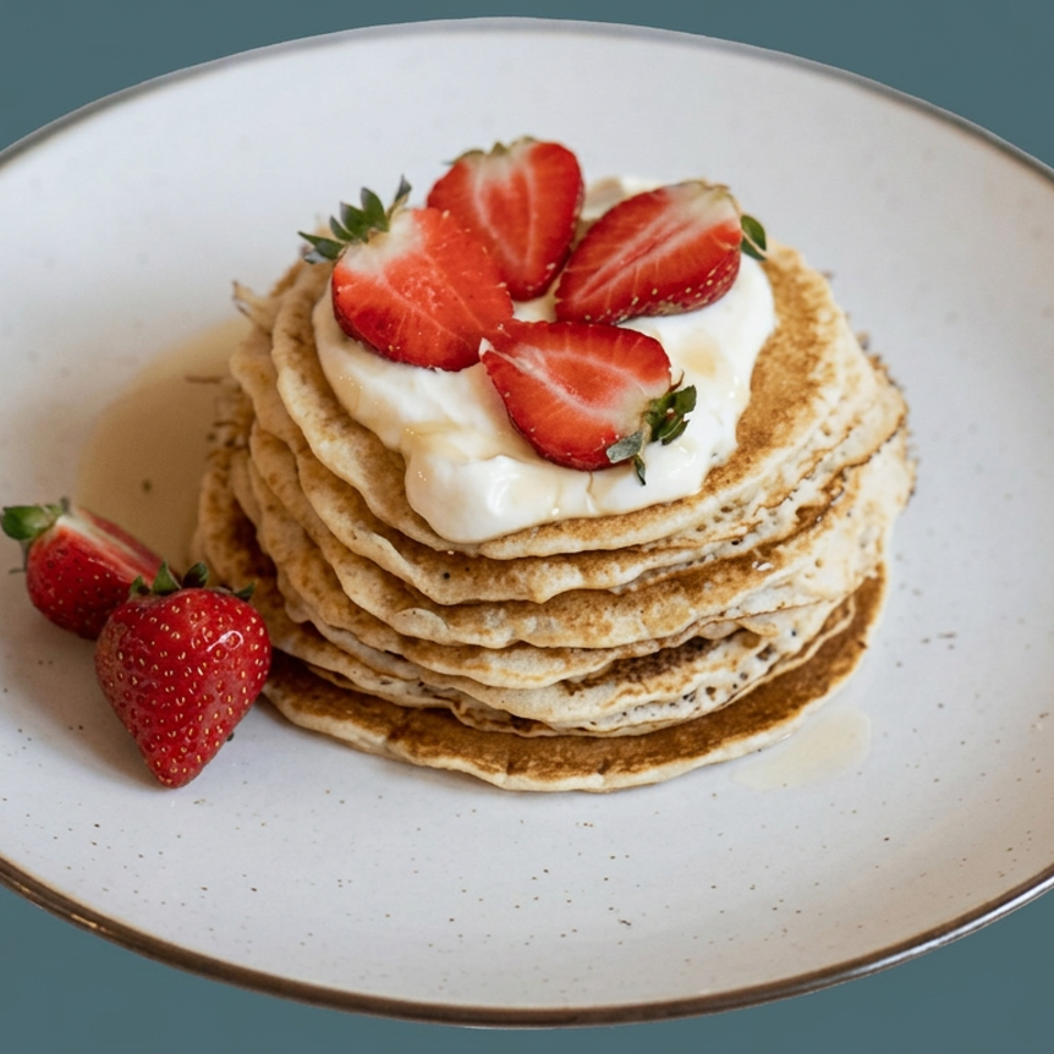 Stack of golden pancakes topped with whipped cream and sliced strawberries on a ceramic plate.